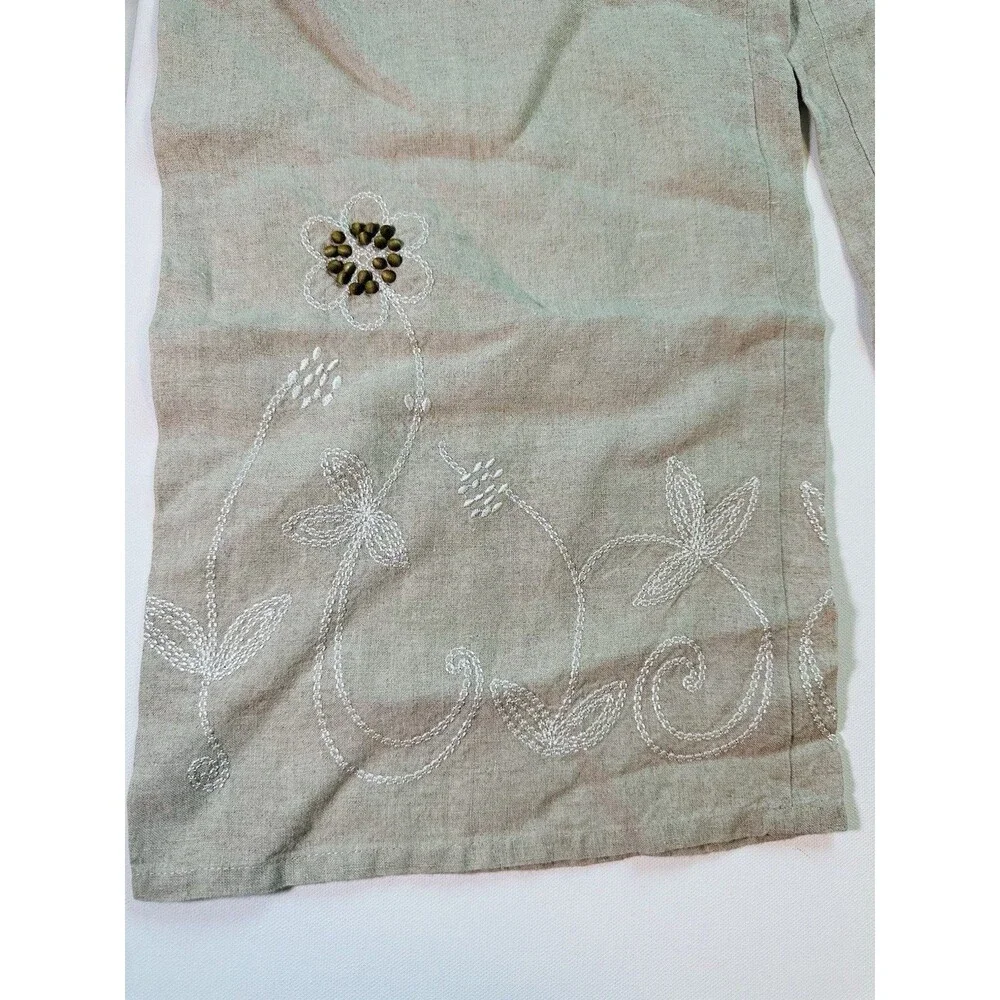VTG Harold's Linen Beige Floral Embroidered Beaded Wide Leg Ankle Pants Women 10